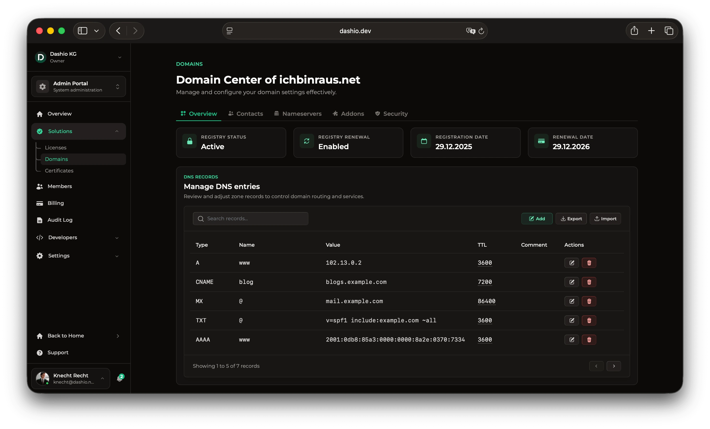 Screenshot of Dashio's domain management dashboard